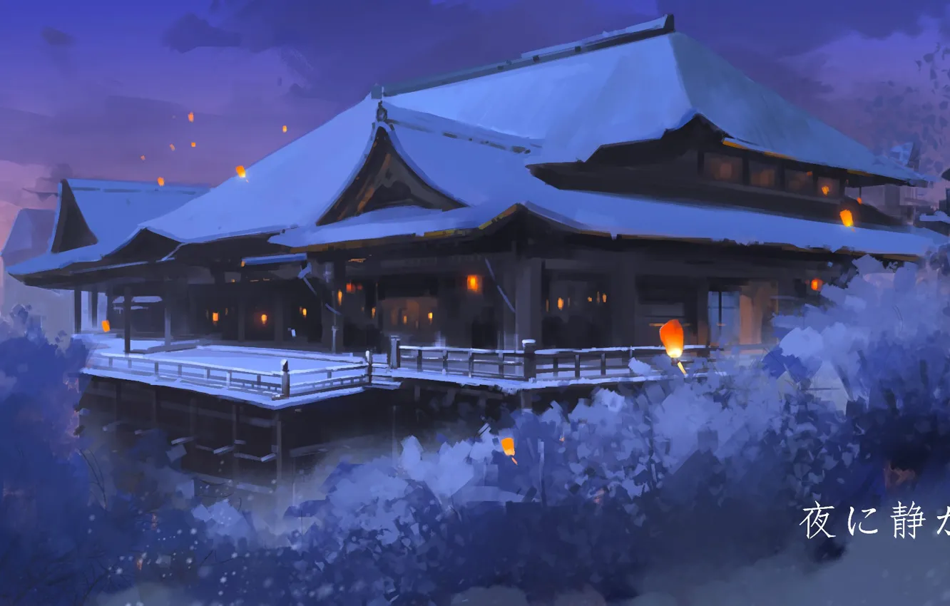 Фото обои снег, замок, Япония, фонари, сумерки, зимний вечер, терасса, by Sun Yimeng