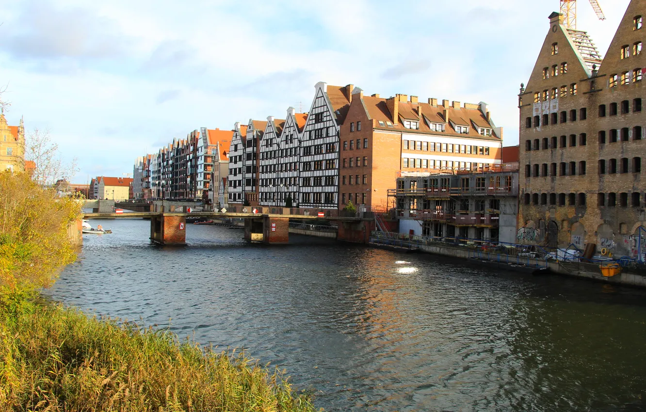 Фото обои city, river, building, gdansk, motlawa