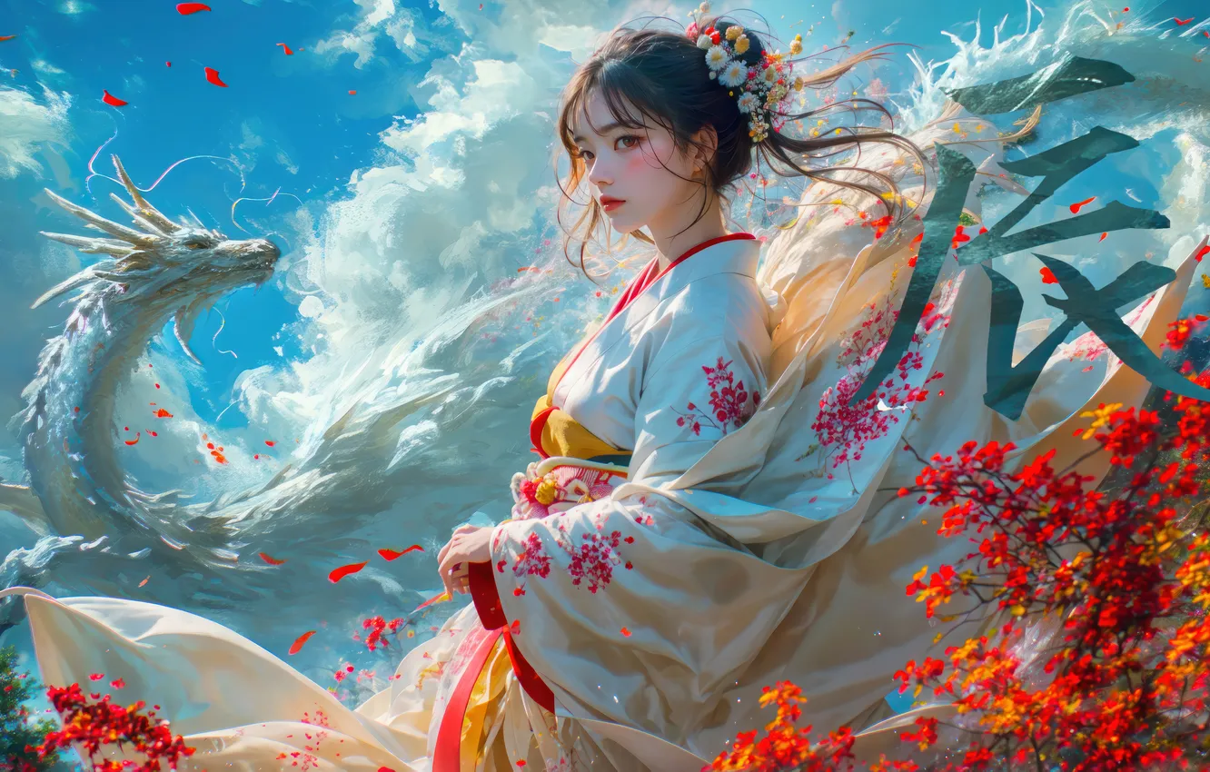Фото обои girl, fantasy, dragon, kimono