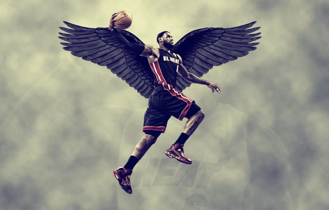 Фото обои крылья, баскетбол, sky, miami heat, lebron James