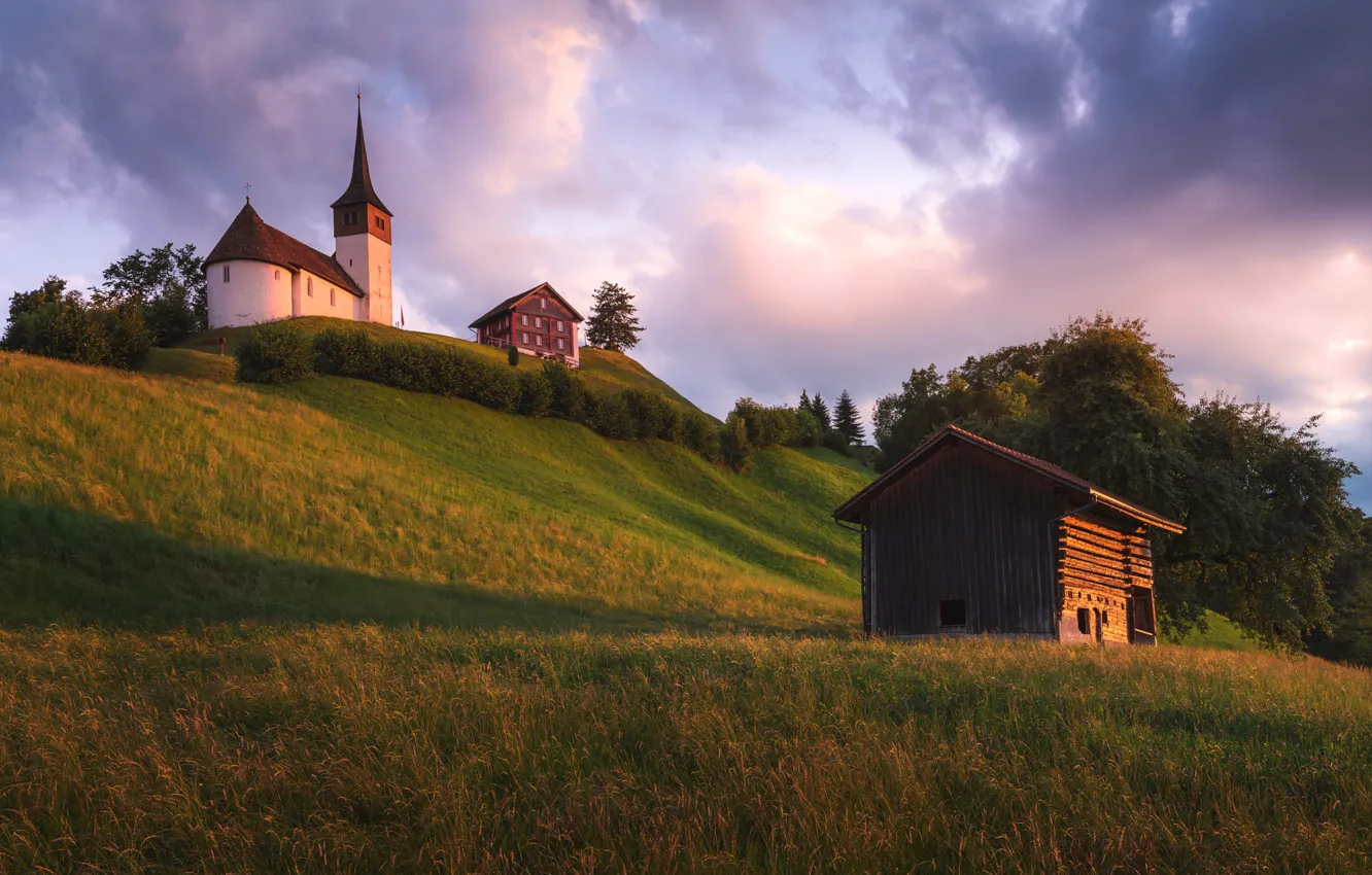 Фото обои пейзаж, закат, тучи, природа, холмы, Швейцария, склон, церковь