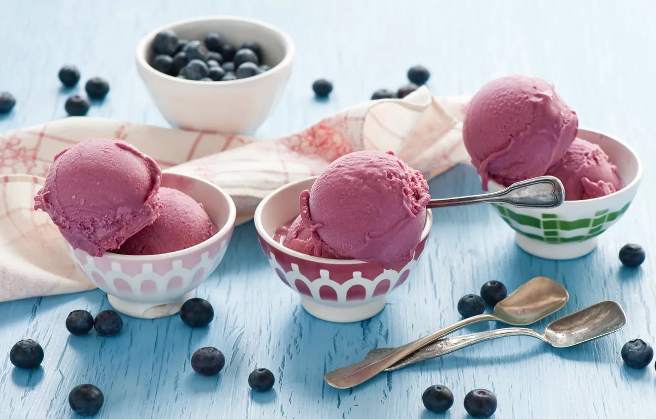 Фото обои ягоды, черника, мороженое, десерт, ложки