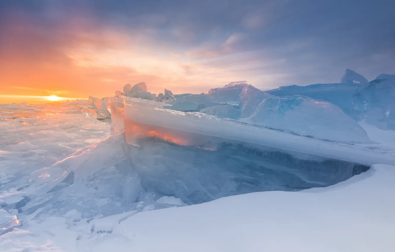 Фото обои зима, солнце, озеро, лёд, Байкал
