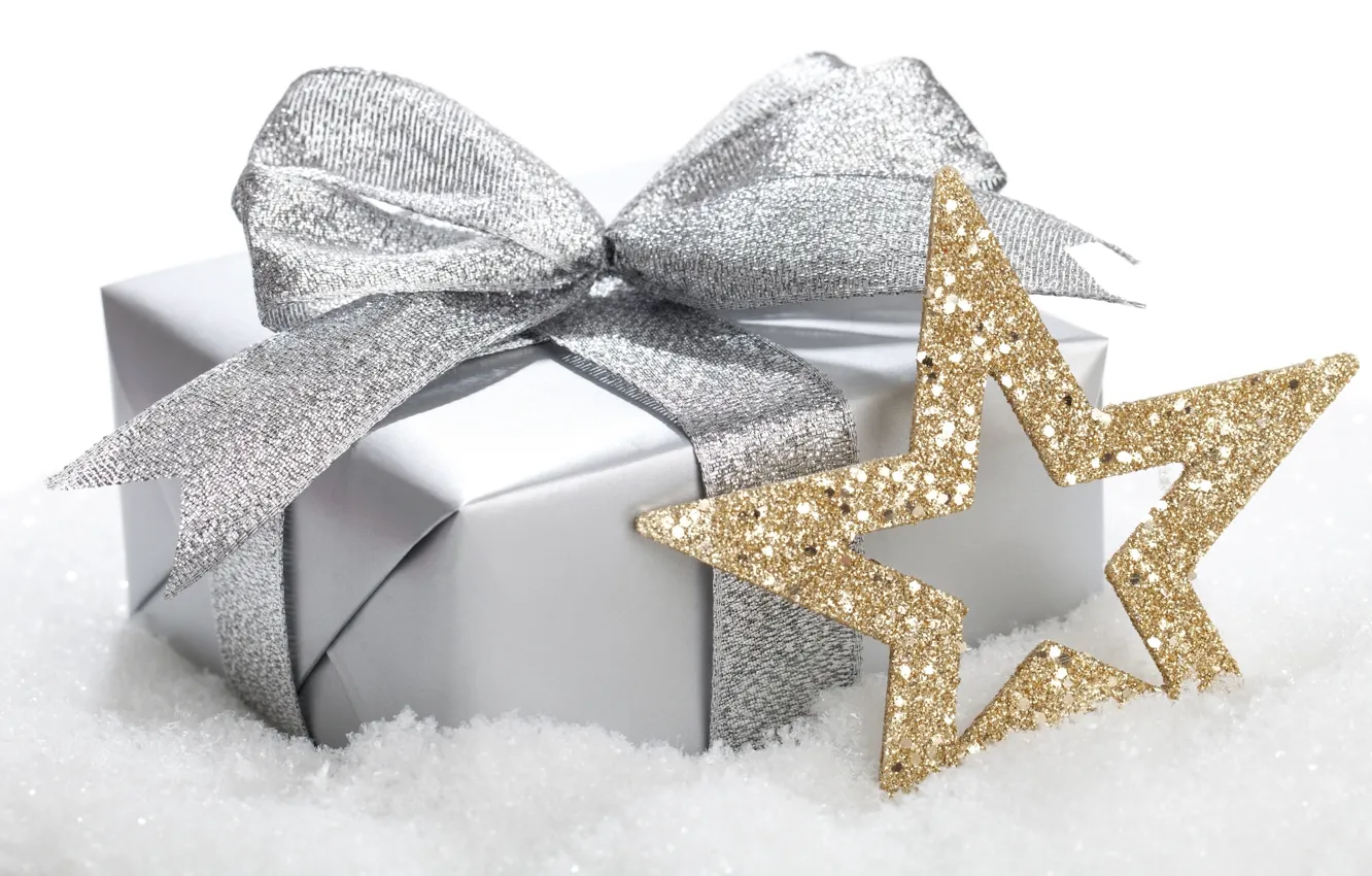 Фото обои золото, праздник, коробка, подарок, звезда, серебро, новый год, блестки