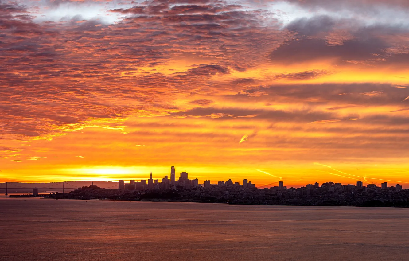 Фото обои city, USA, skyline, sky, landscape, bridge, sunset, California