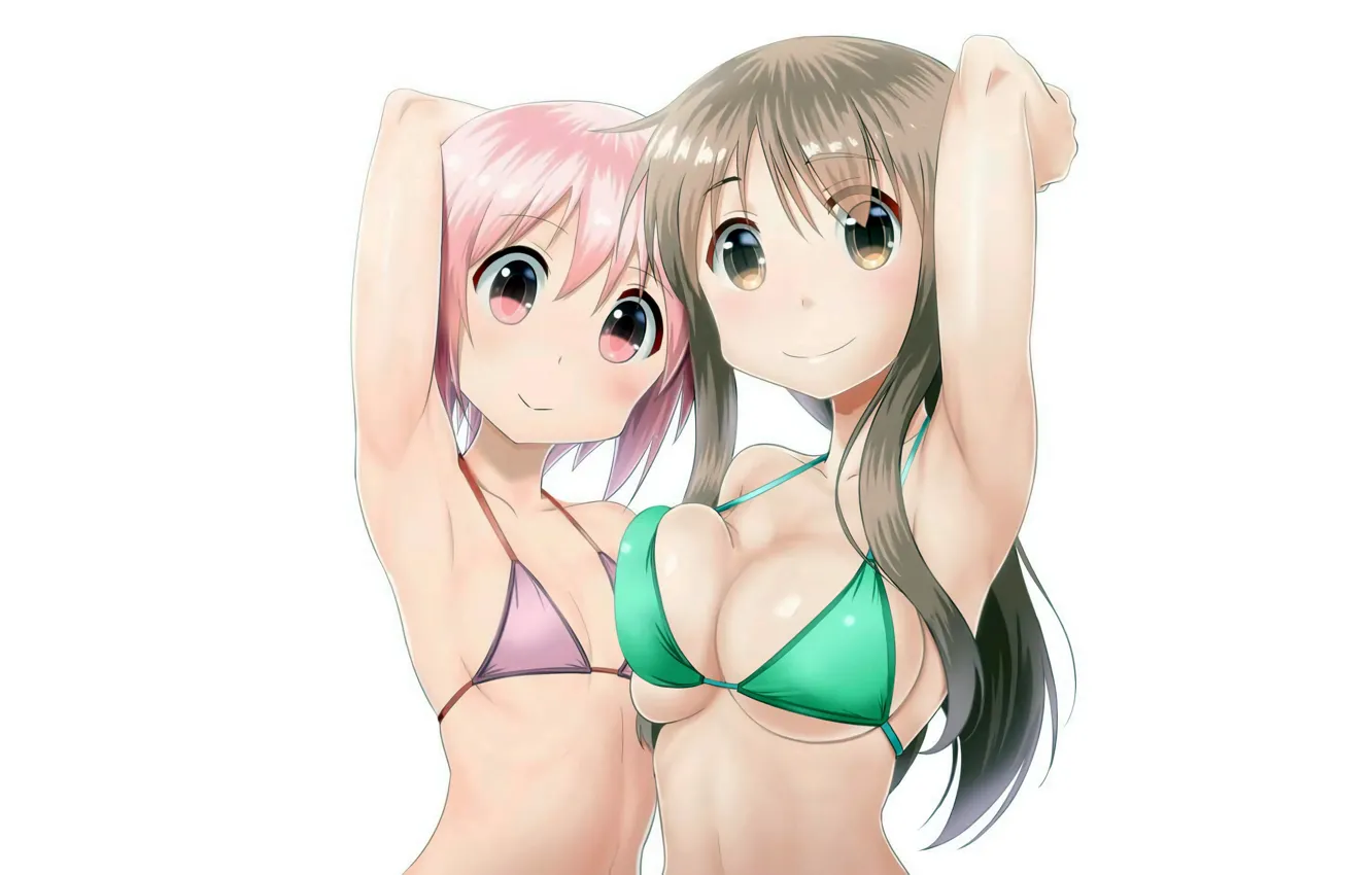 Фото обои girl, sexy, cleavage, pink hair, long hair, brown hair, boobs, anime