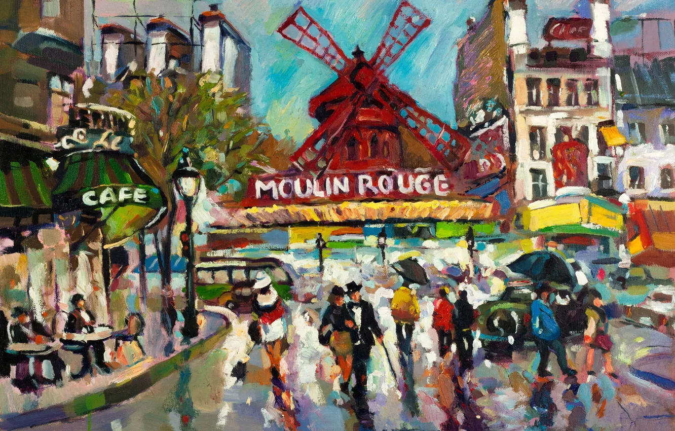 Фото обои город, люди, дождь, краски, Франция, Париж, современный, картина