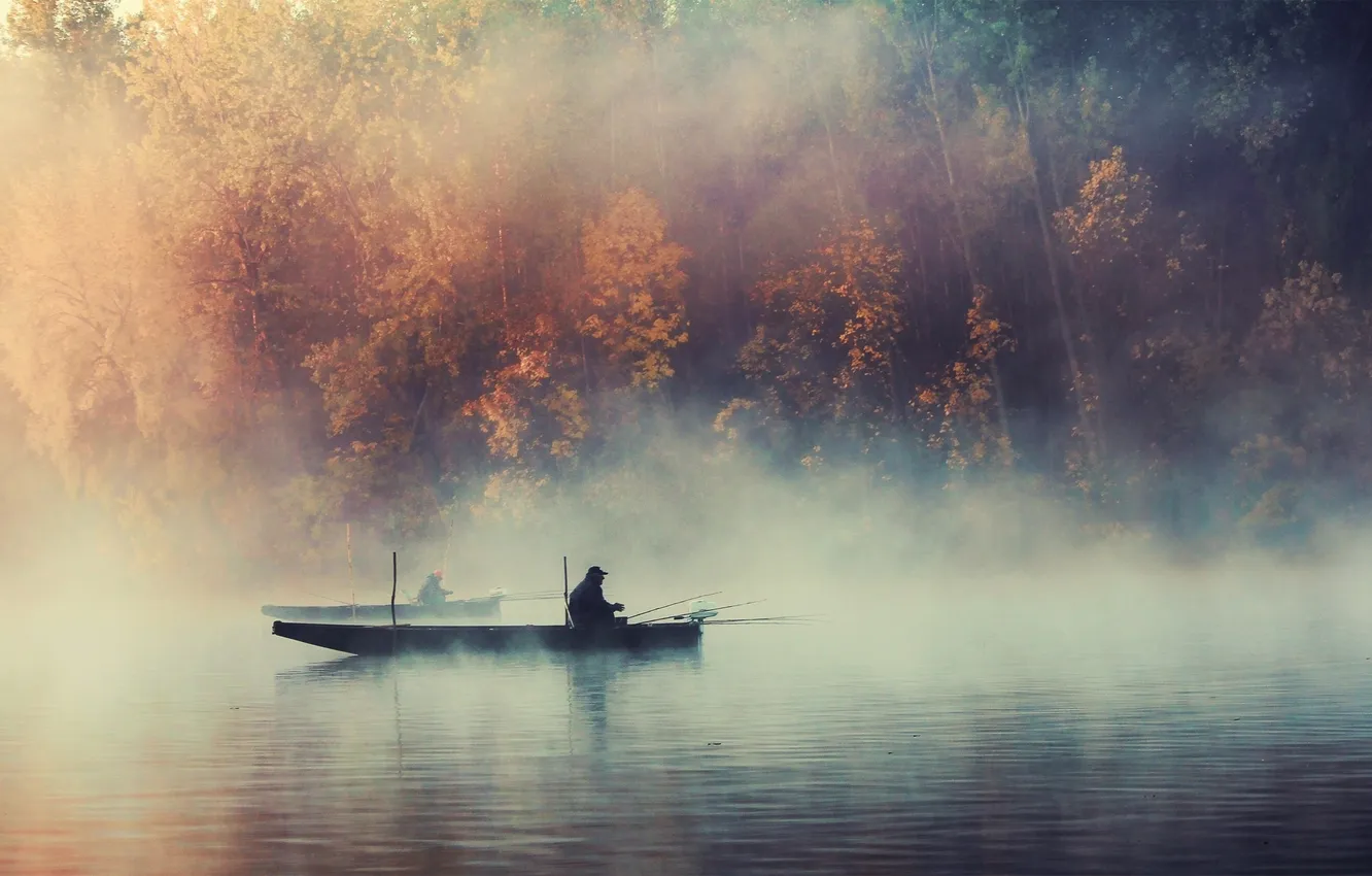 Фото обои деревья, природа, озеро, рыбалка