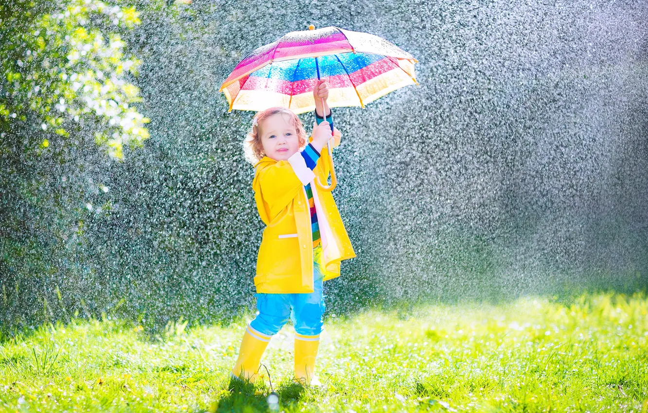 Фото обои дождь, зонт, девочка, ребёнок