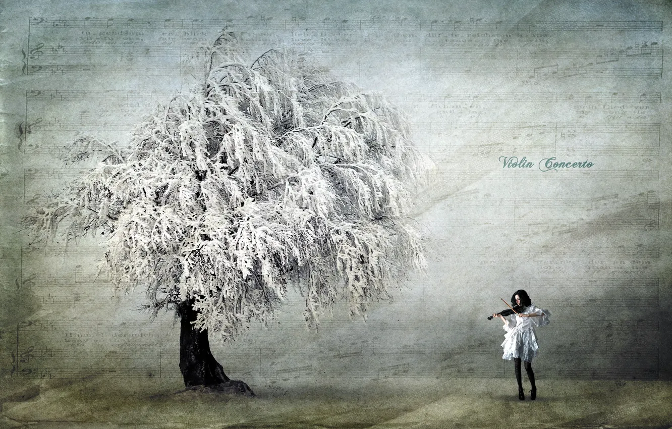 Фото обои девушка, стиль, фон, дерево, скрипка