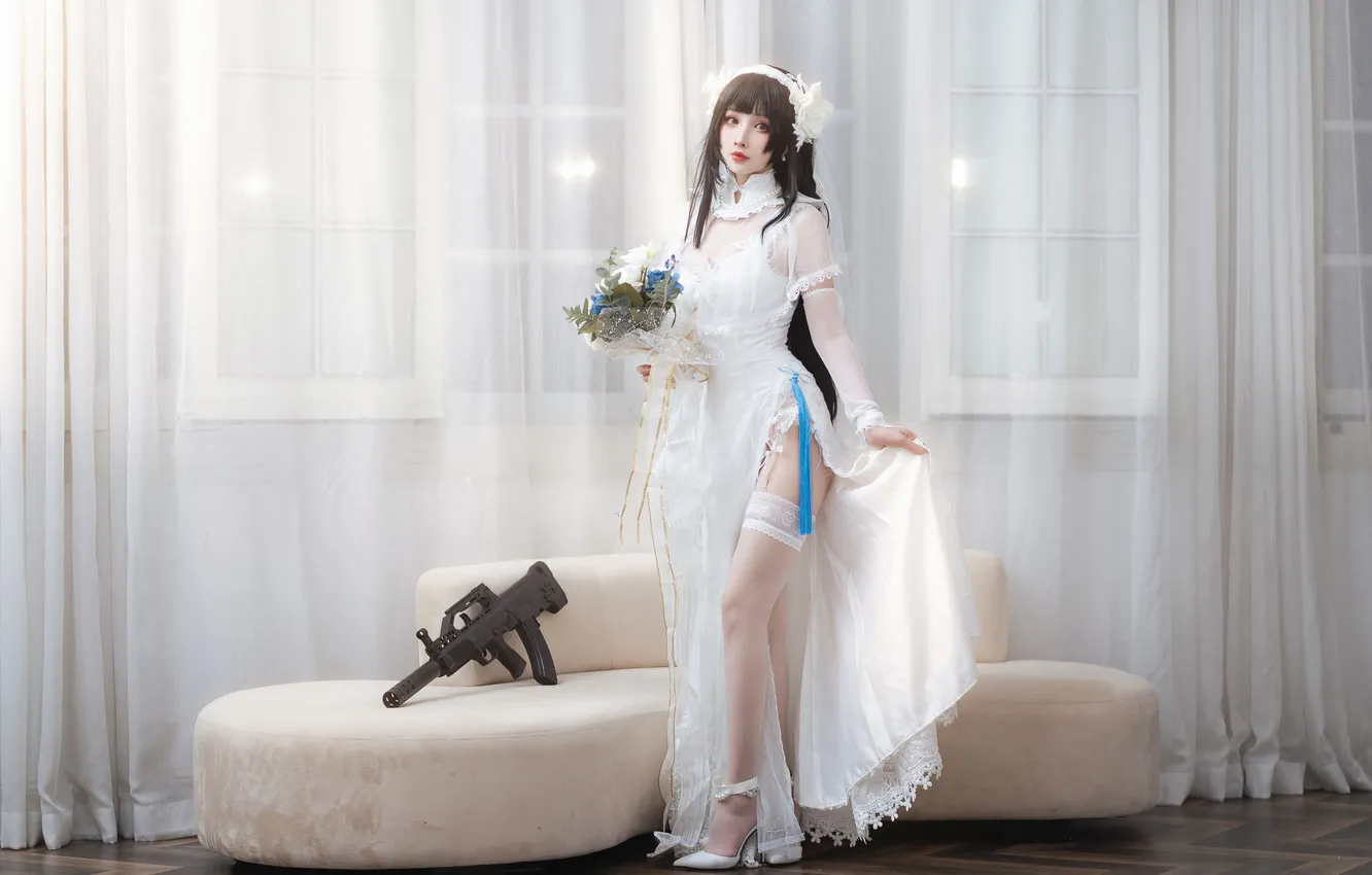 Фото обои Gun, Beautiful, Asian, Model, Woman, Weapon, Bouquet, Sofa