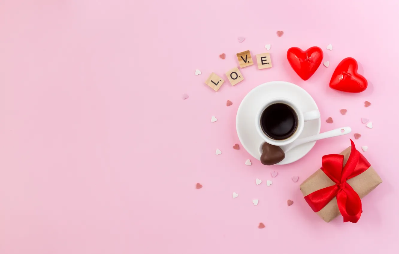 Фото обои подарок, кофе, чашка, сердечки, день святого валентина, Marhary Takovalenko