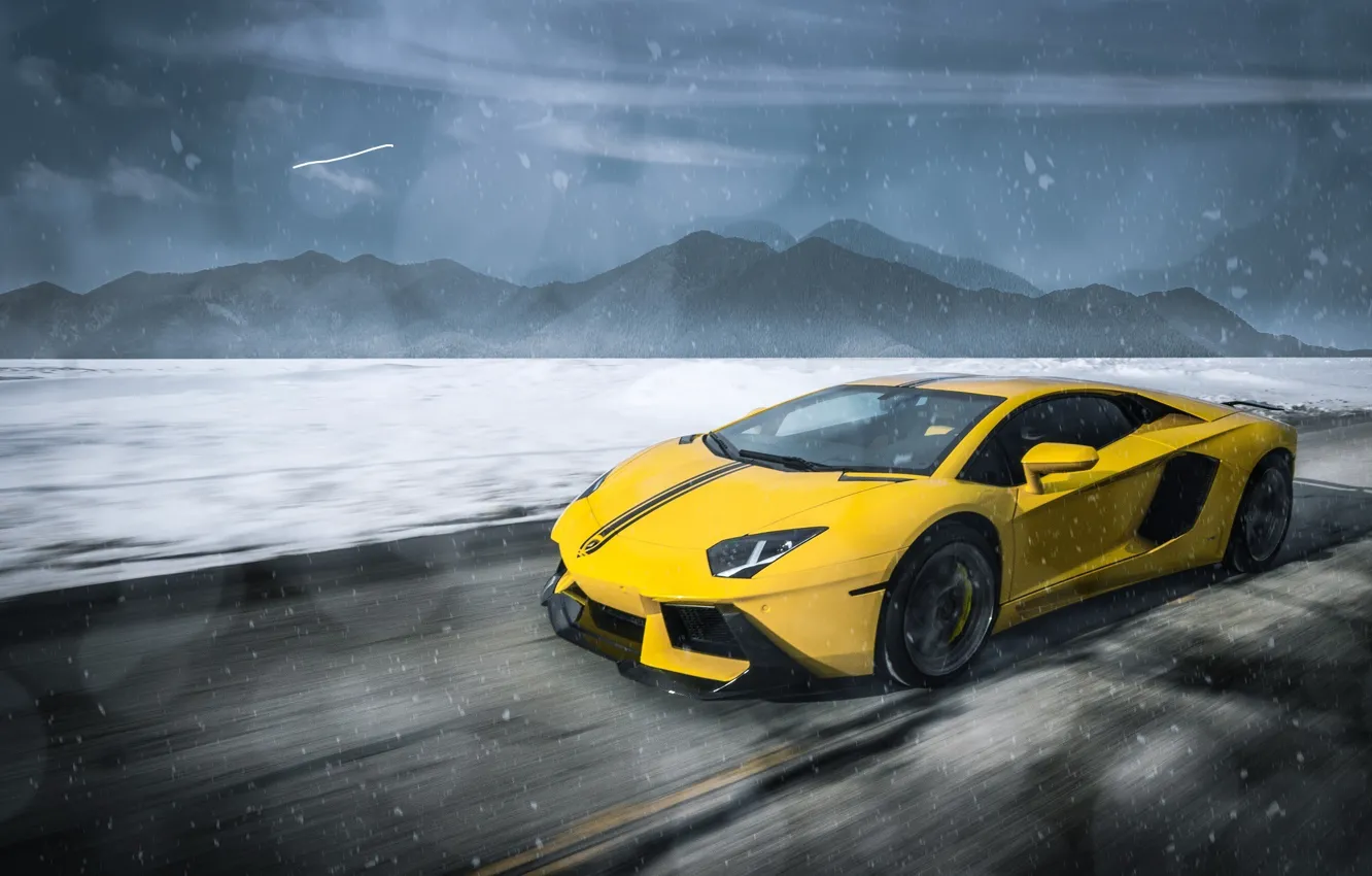 Фото обои Lamborghini, Clouds, Speed, Front, Snow, Yellow, LP700-4, Aventador