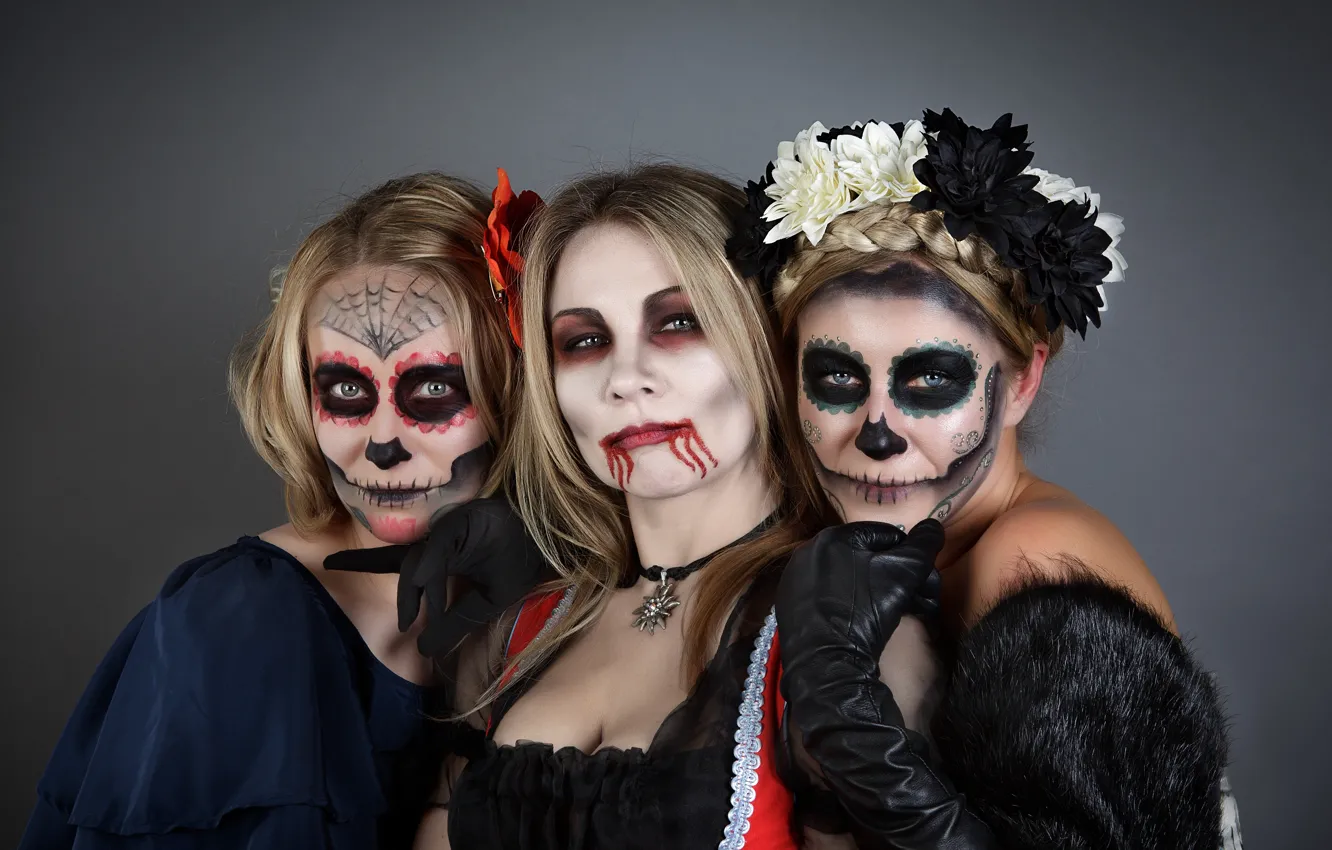 Фото обои девушки, праздник, вампир, маски, хэллоуин