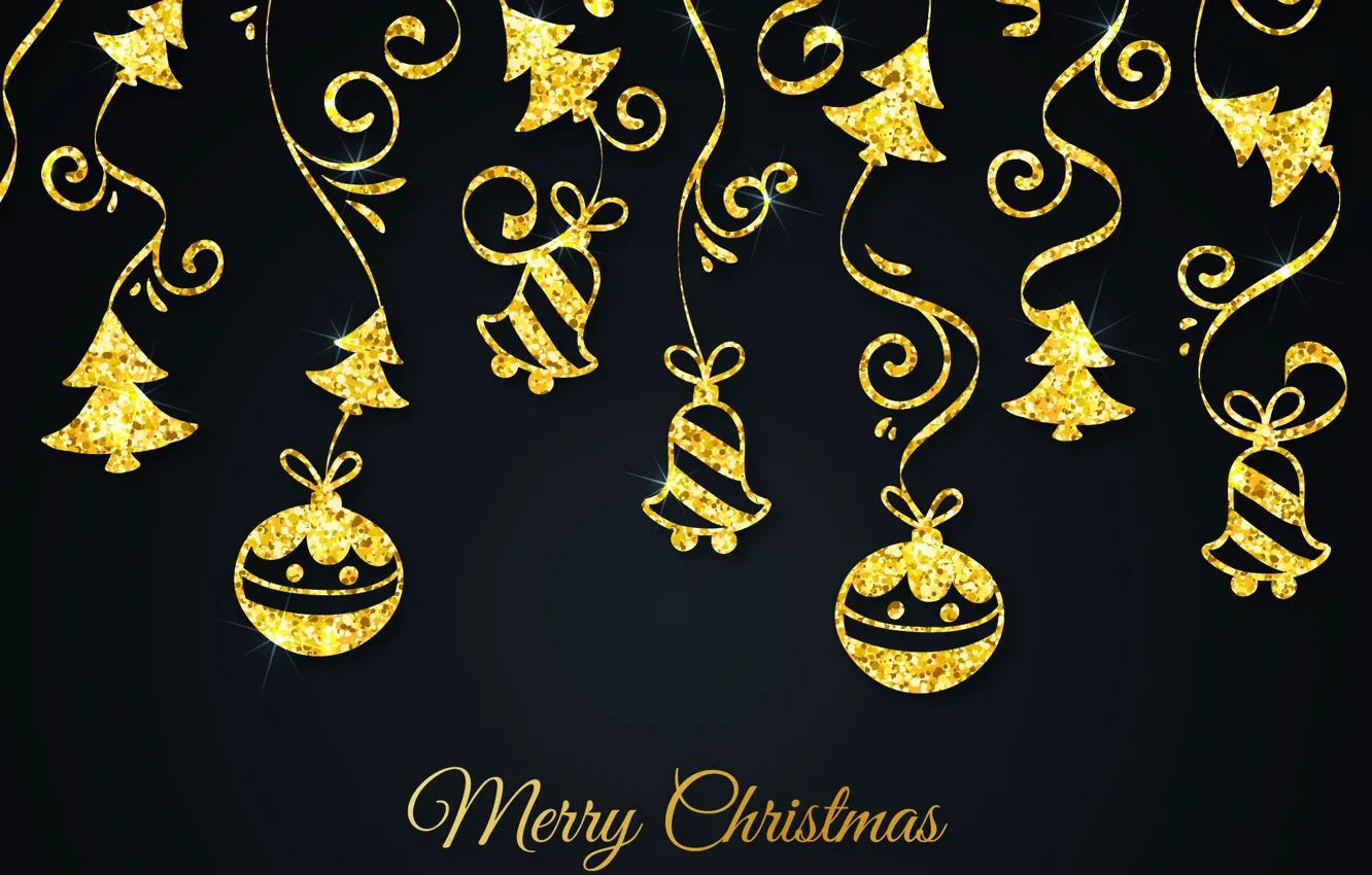 Фото обои украшения, золото, узор, Новый Год, Рождество, golden, черный фон, Christmas