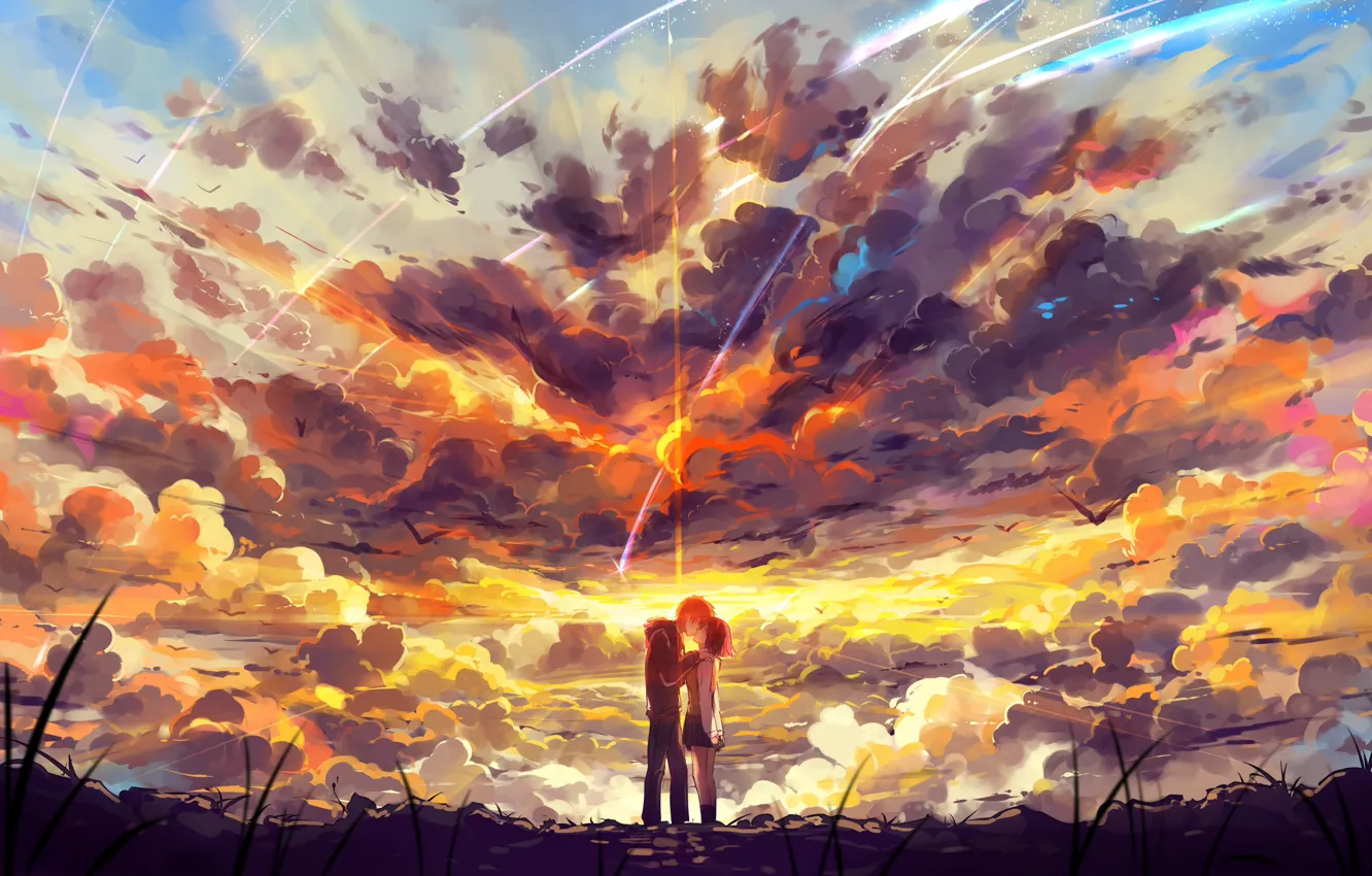 Фото обои небо, девушка, облака, закат, птицы, поцелуй, аниме, арт