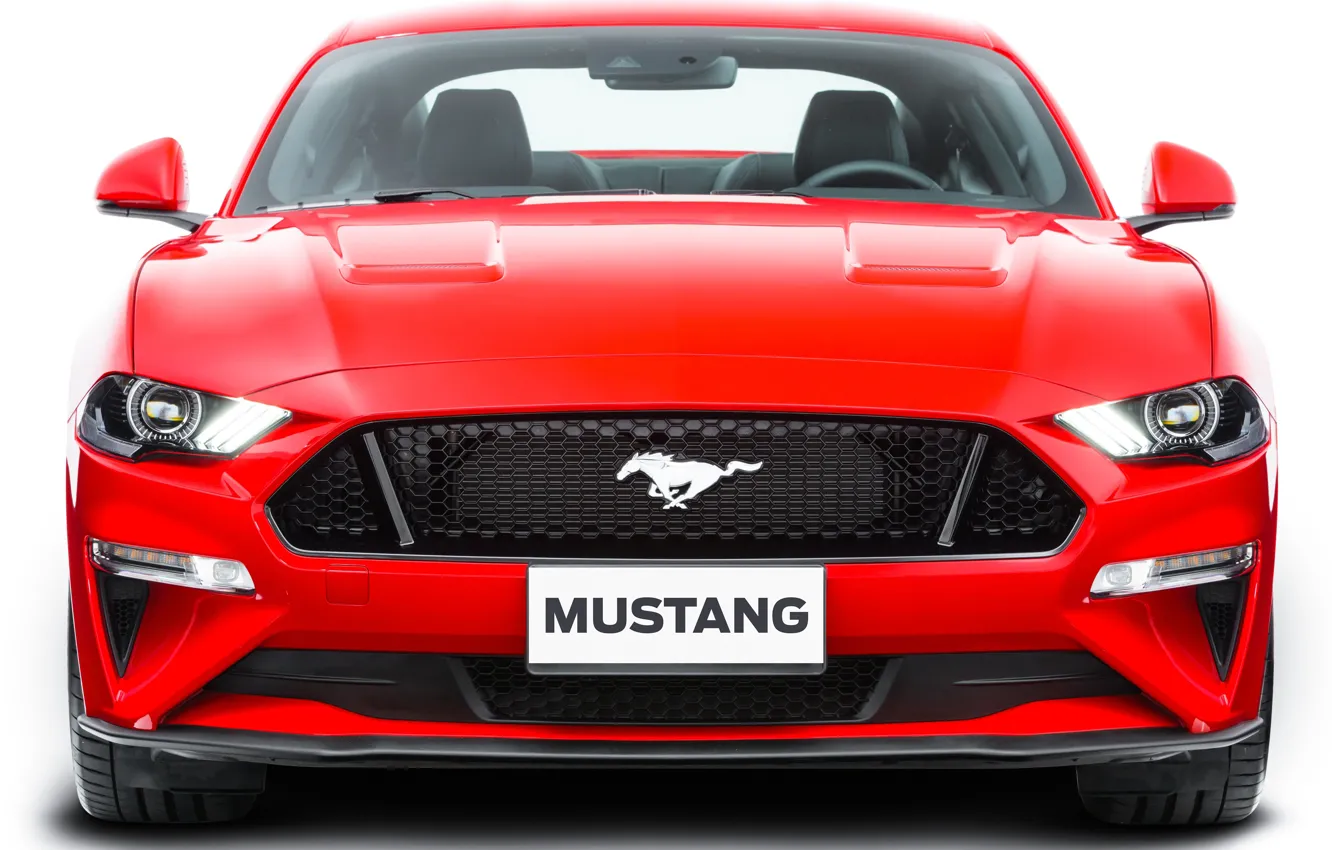 Фото обои красный, Ford, вид спереди, Fastback, 2018, Mustang GT