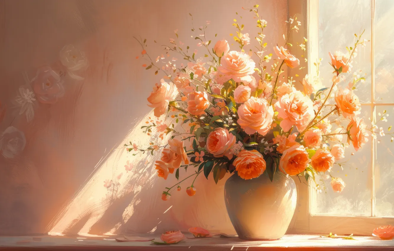 Фото обои свет, цветы, стол, стена, розы, букет, окно, ваза