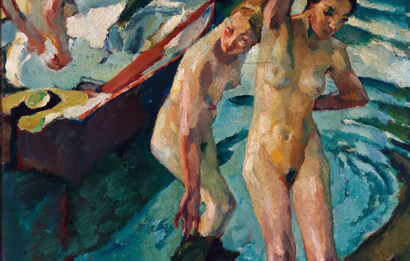 Фото обои Вода, Девушки, Картина, Трое, Купальщицы, Лео Путц, Leo Putz, Обнажены