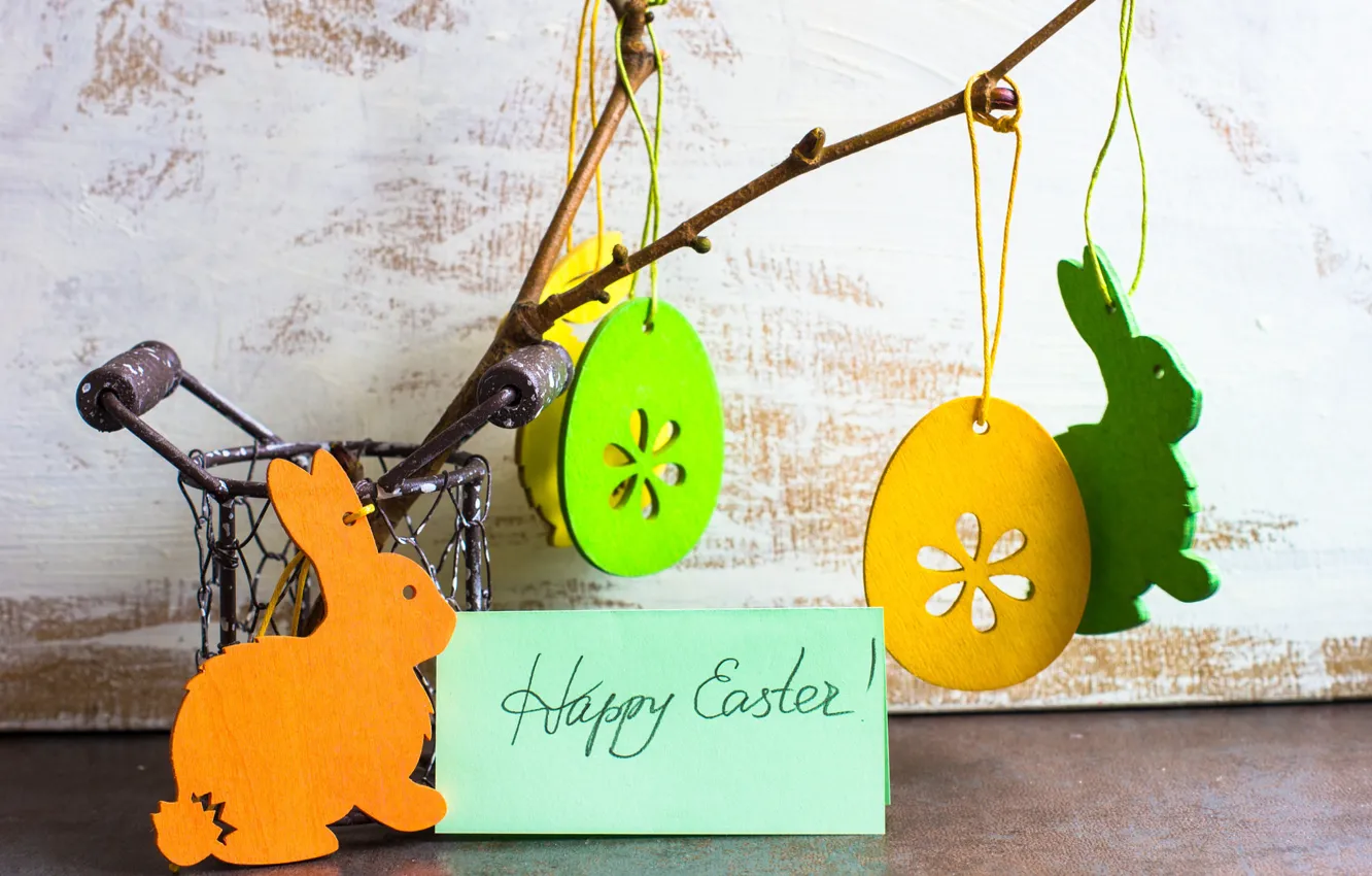 Фото обои праздник, яйца, ветка, Пасха, кролики, фигурки, карточка, подвески