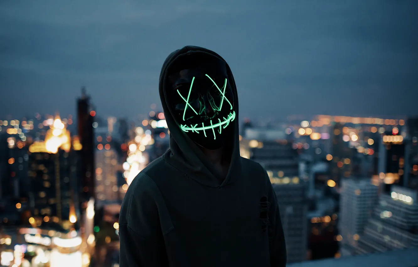 Фото обои lights, dark, wallpaper, blur, neon, situations, anonymous, mask