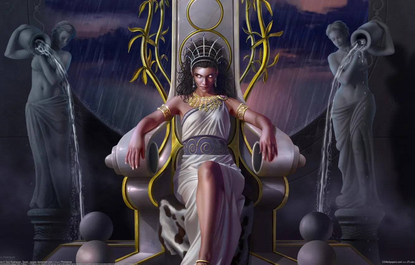 Фото обои взгляд, вода, девушка, дождь, арт, сидит, статуи, трон