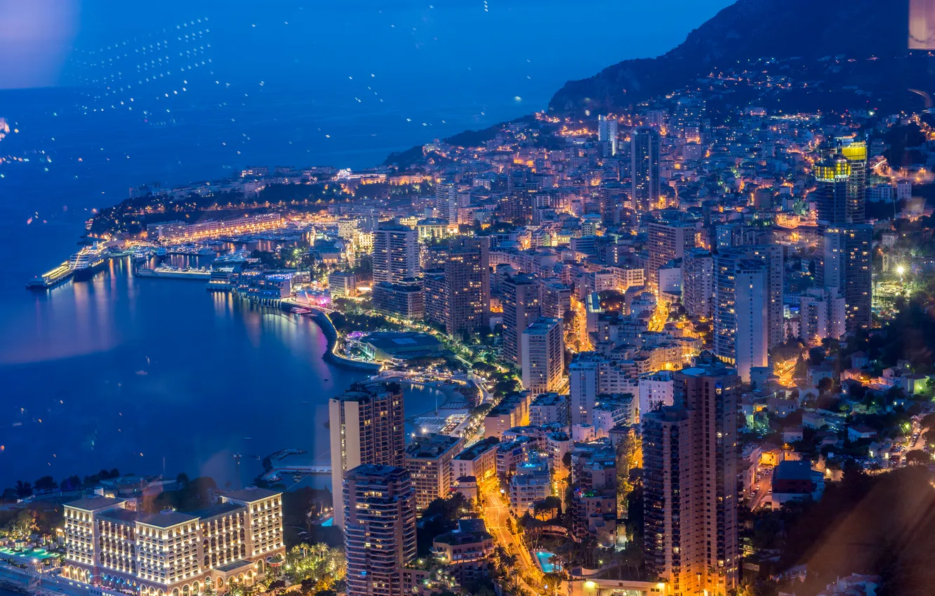 Фото обои море, пейзаж, ночь, огни, побережье, вид сверху, Монако, Monte Carlo