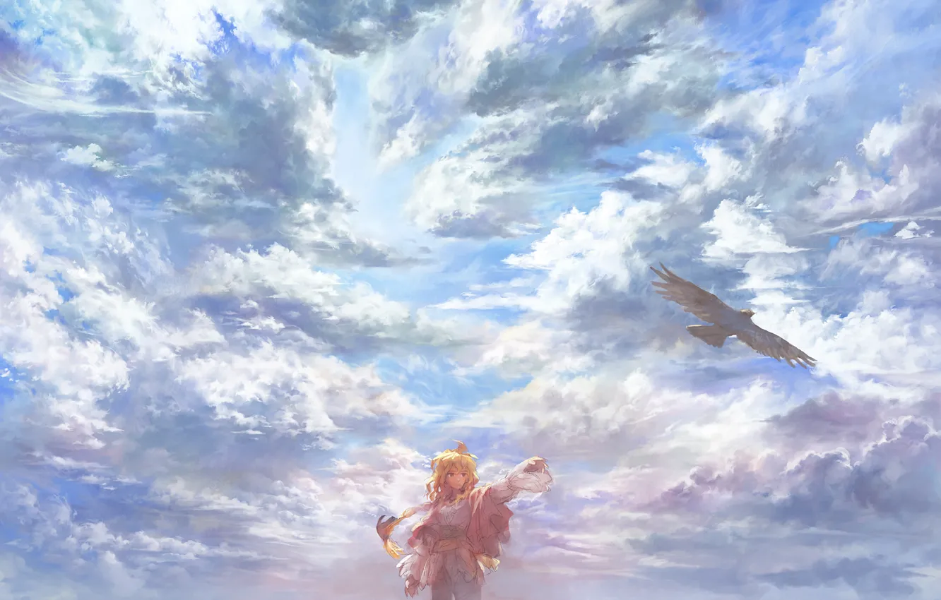 Фото обои небо, облака, ветер, птица, Девушка