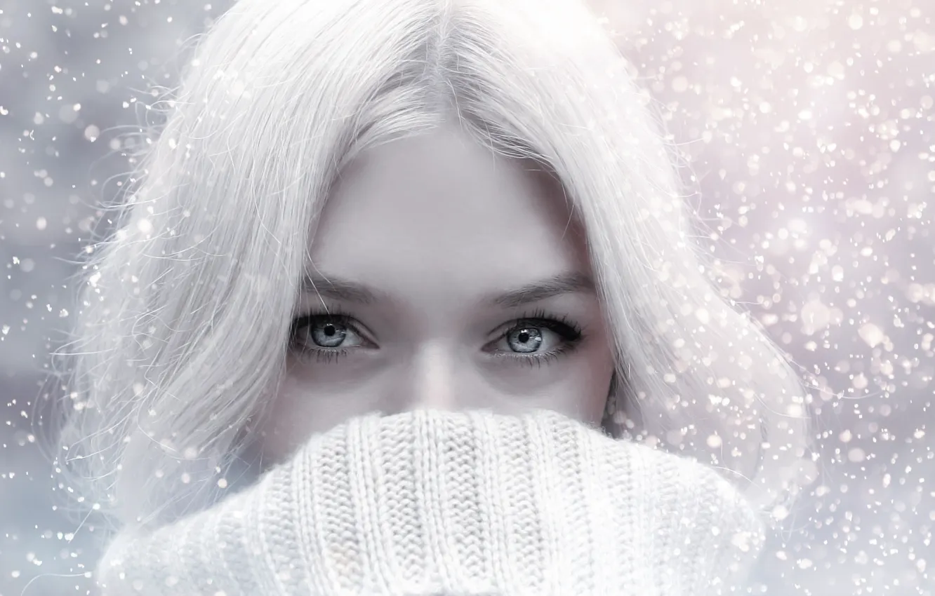 Фото обои зима, взгляд, девушка, снег, рендеринг, портрет, шарф, блондинка