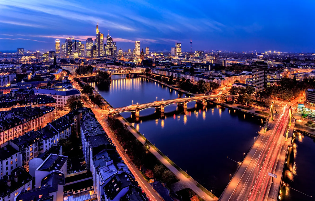 Фото обои огни, река, здания, Германия, панорама, мосты, ночной город, Germany