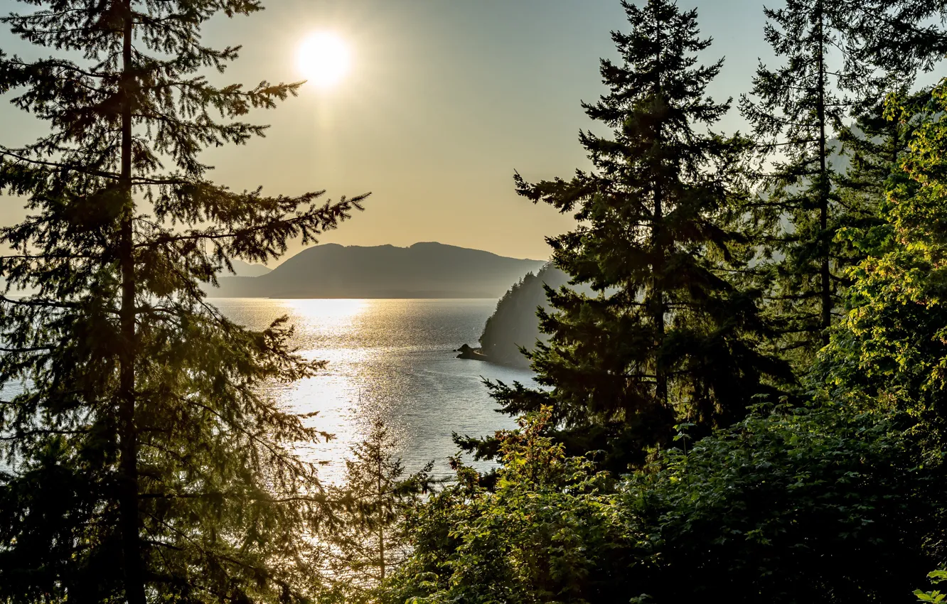 Фото обои лес, небо, солнце, деревья, горы, озеро, Канада, Банф