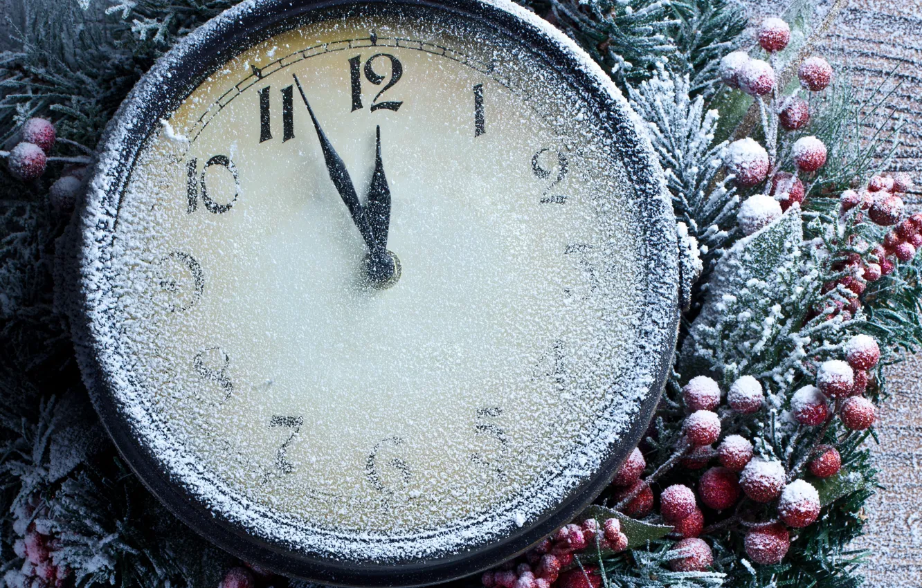 Фото обои снег, время, праздник, стрелки, часы, новый год
