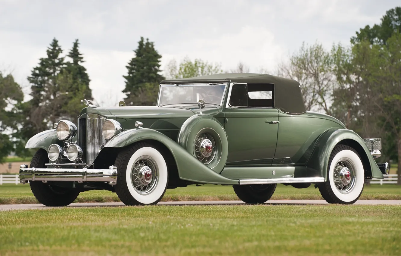 Фото обои ретро, зелёный, передок, 1933, Twelve, Пакард, Convertible Coupe, Твэлв