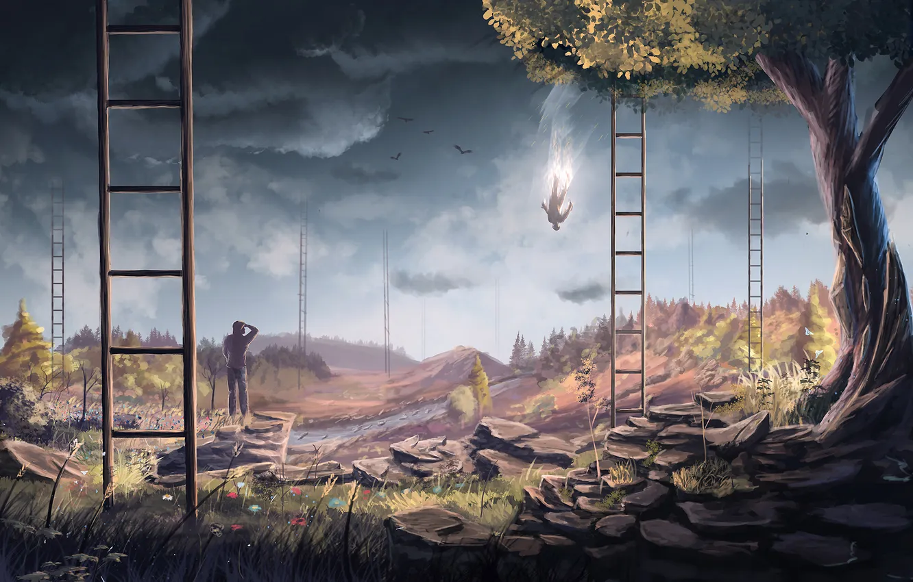Фото обои деревья, цветы, птицы, человек, падение, арт, лестницы, нарисованный пейзаж