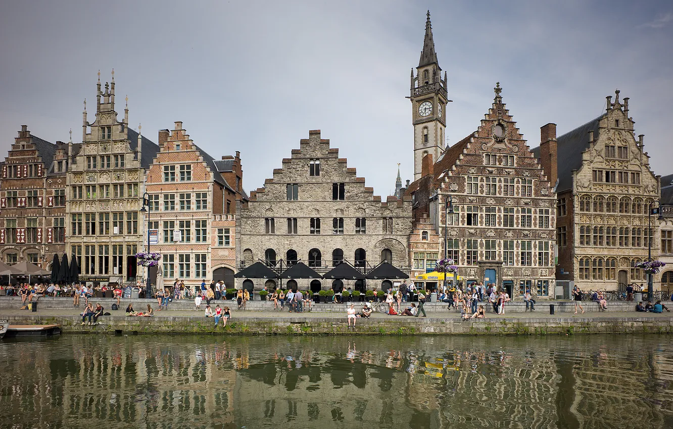 Фото обои небо, люди, дома, канал, Бельгия, набережная, Фландрия, Гент