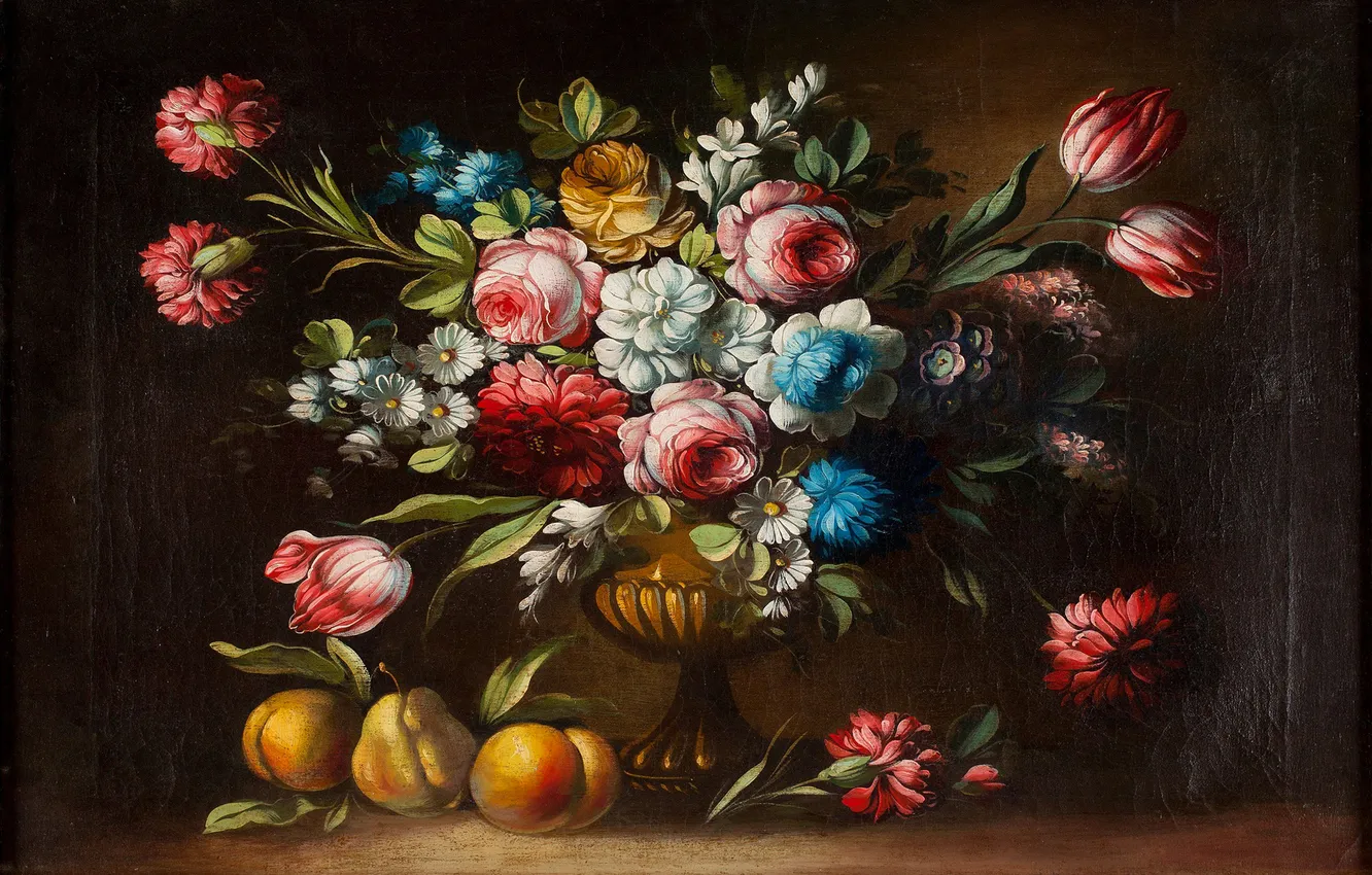 Фото обои цветы, букет, ваза, фрукты, натюрморт