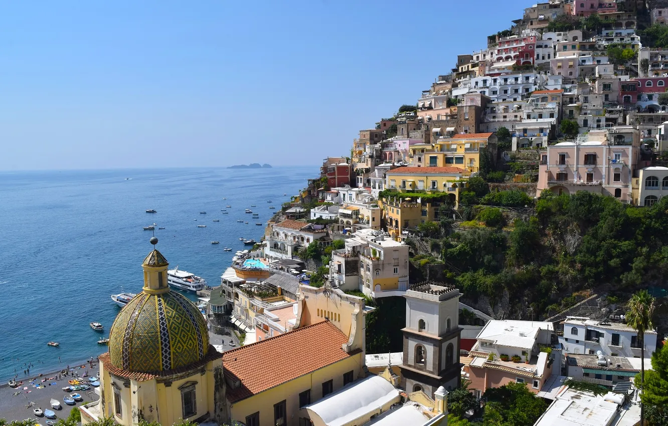 Фото обои море, пейзаж, побережье, здания, лодки, Италия, залив, Italy