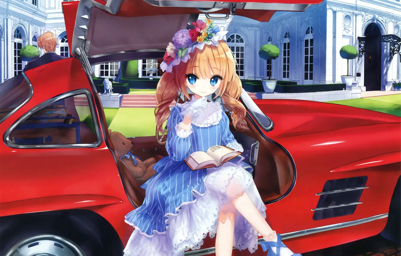 Фото обои машина, девушка, дом, книга, красная, роскошь, сидя, tsukigami luna