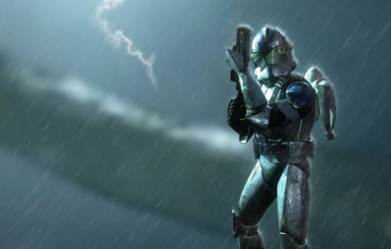 Фото обои дождь, молния, технологии, доспехи, воин, броня, фэнтези арт, Clone Jet Trooper