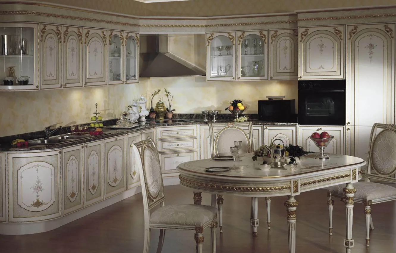 Фото обои белый, дизайн, стол, золото, мебель, стулья, интерьер, кухня