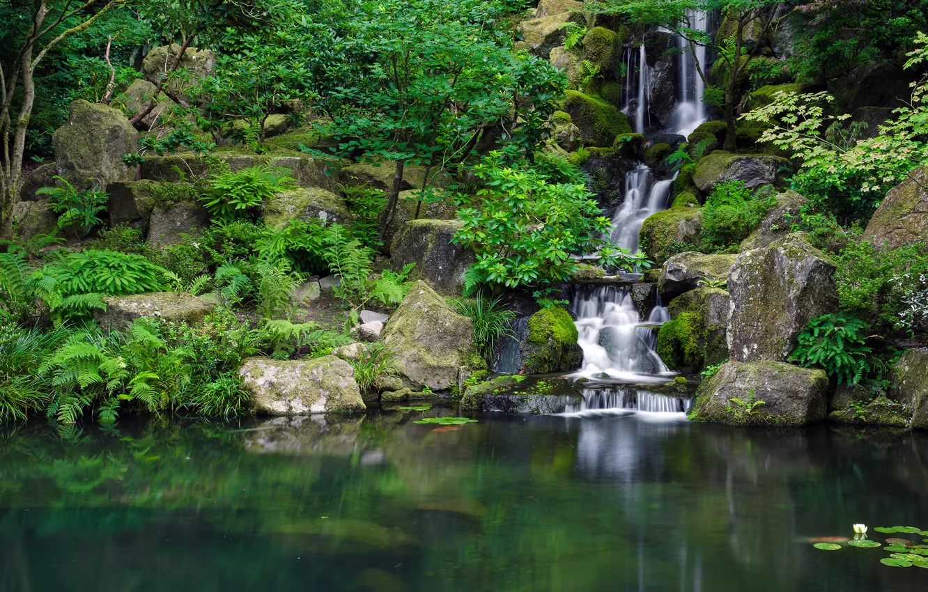 Фото обои парк, камни, водопад, водоём, Japanese Garden