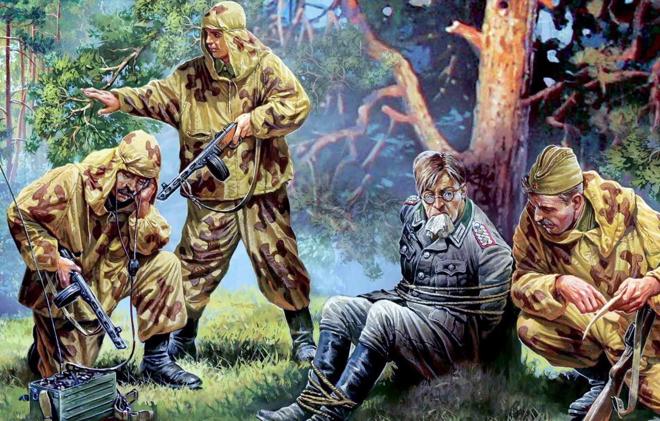 Фото обои язык, рисунок, арт, СССР, Великая Отечественная война, привал, ППШ, советские разведчики