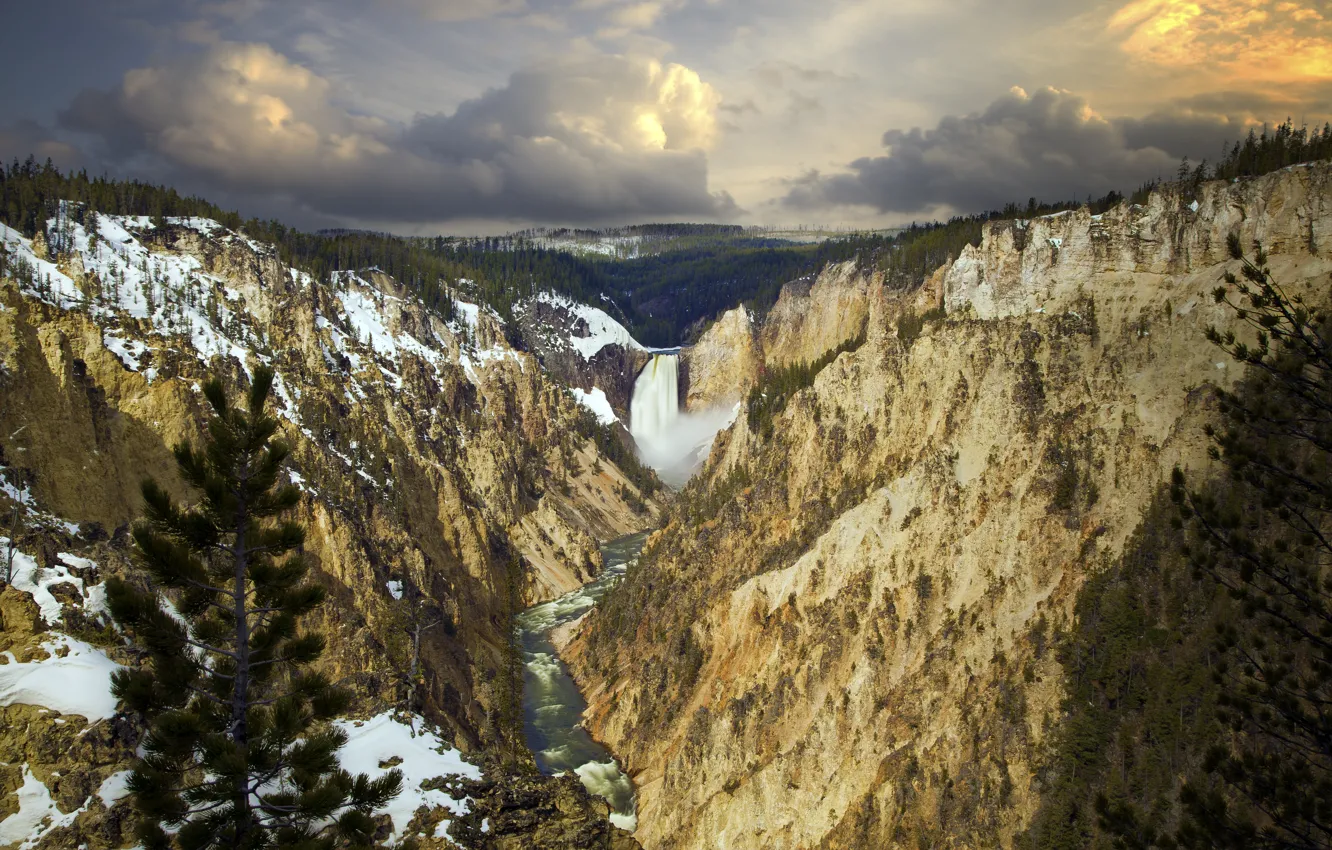 Фото обои снег, река, водопад, ущелье