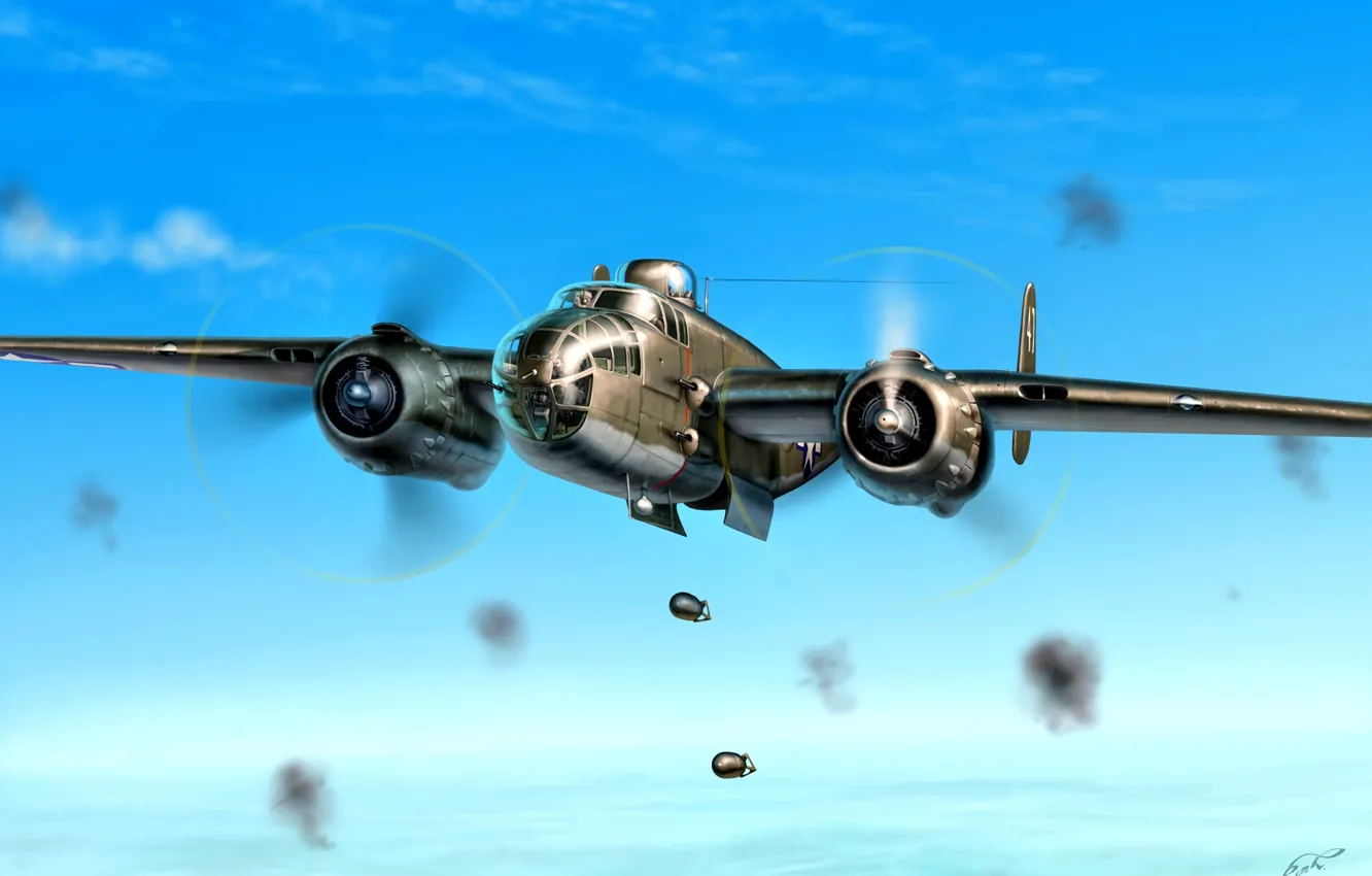 Фото обои Бомбардировщик, USAF, Средний, B-25J, B-25 Mitchell, Авиабомба, Радиальный двигатель Wright R-2600 ''Cyclone''