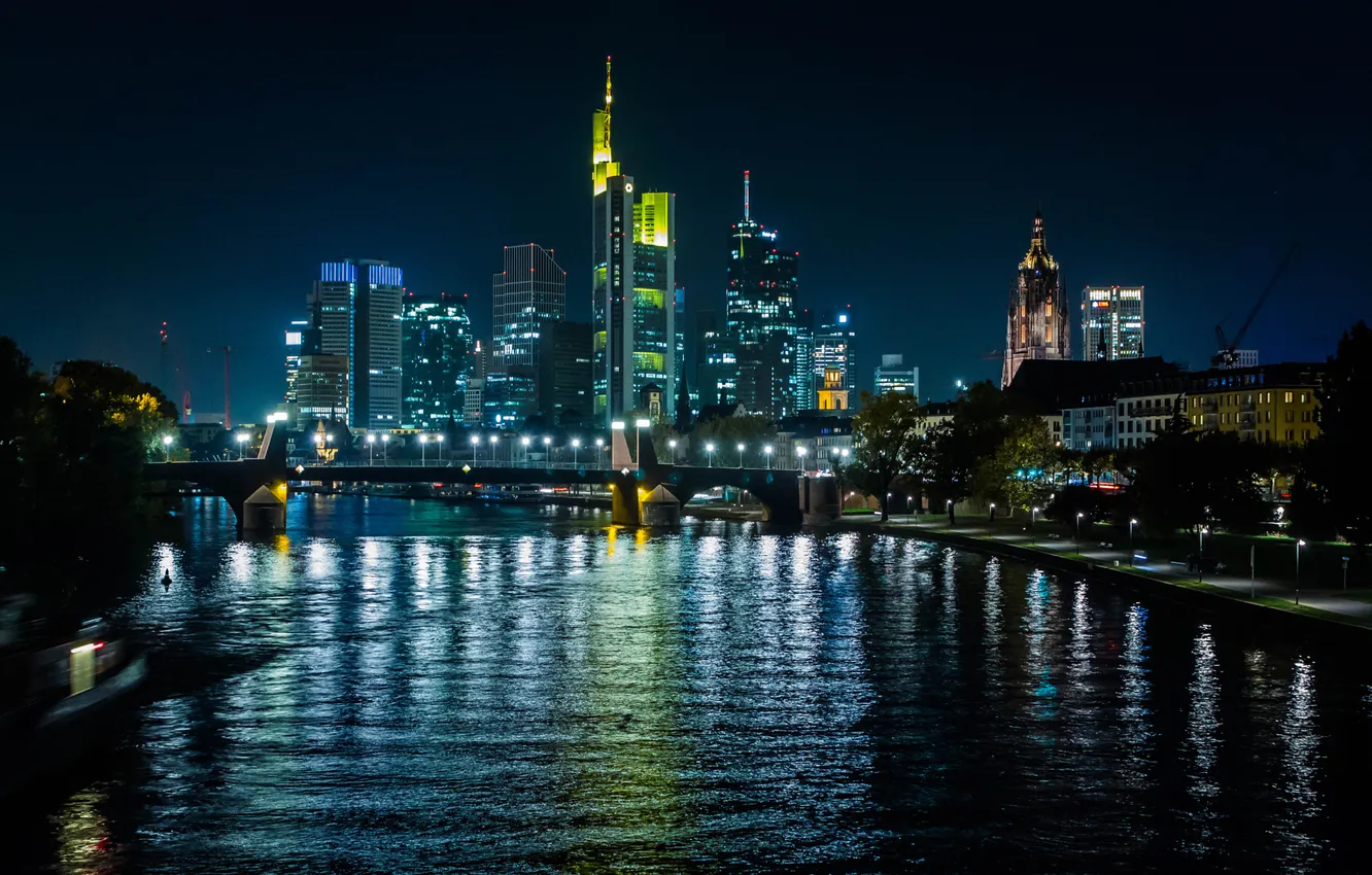 Фото обои Light, Tree, Bridge, Frankfurt, Germany, Night, River, Reflection