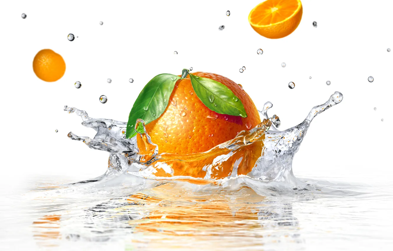 Фото обои вода, брызги, апельсин, белый фон, water, orange, white background, sprays
