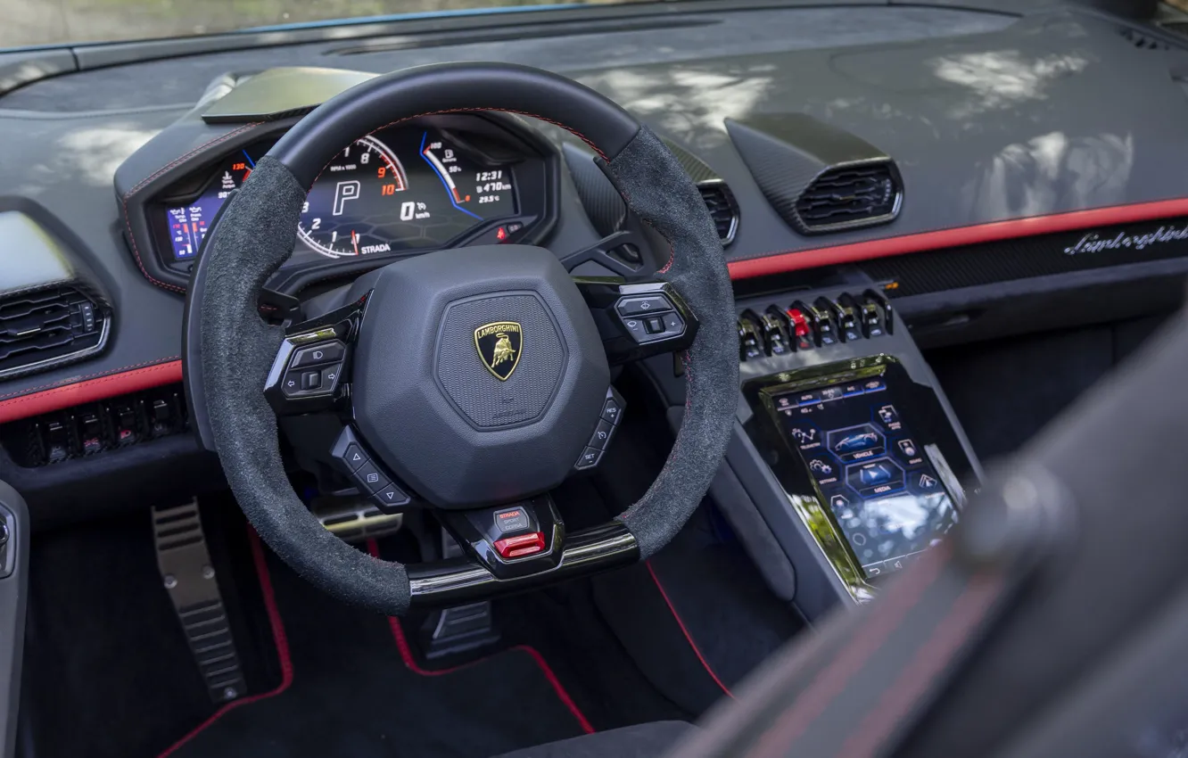 Фото обои Lamborghini, steering wheel, Huracan, dashboard, torpedo, Lamborghini Huracan EVO Spyder