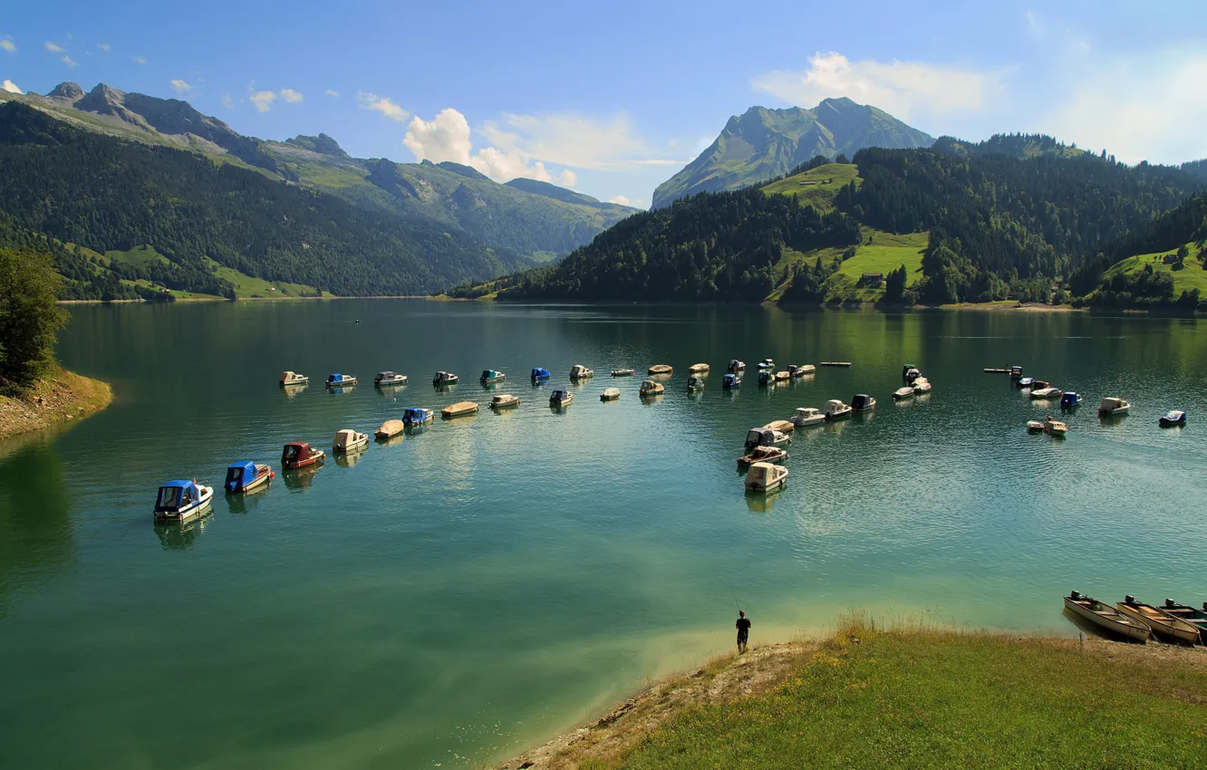 Фото обои горы, озеро, лодки, Швейцария, Альпы, Switzerland, Alps, Иннерталь