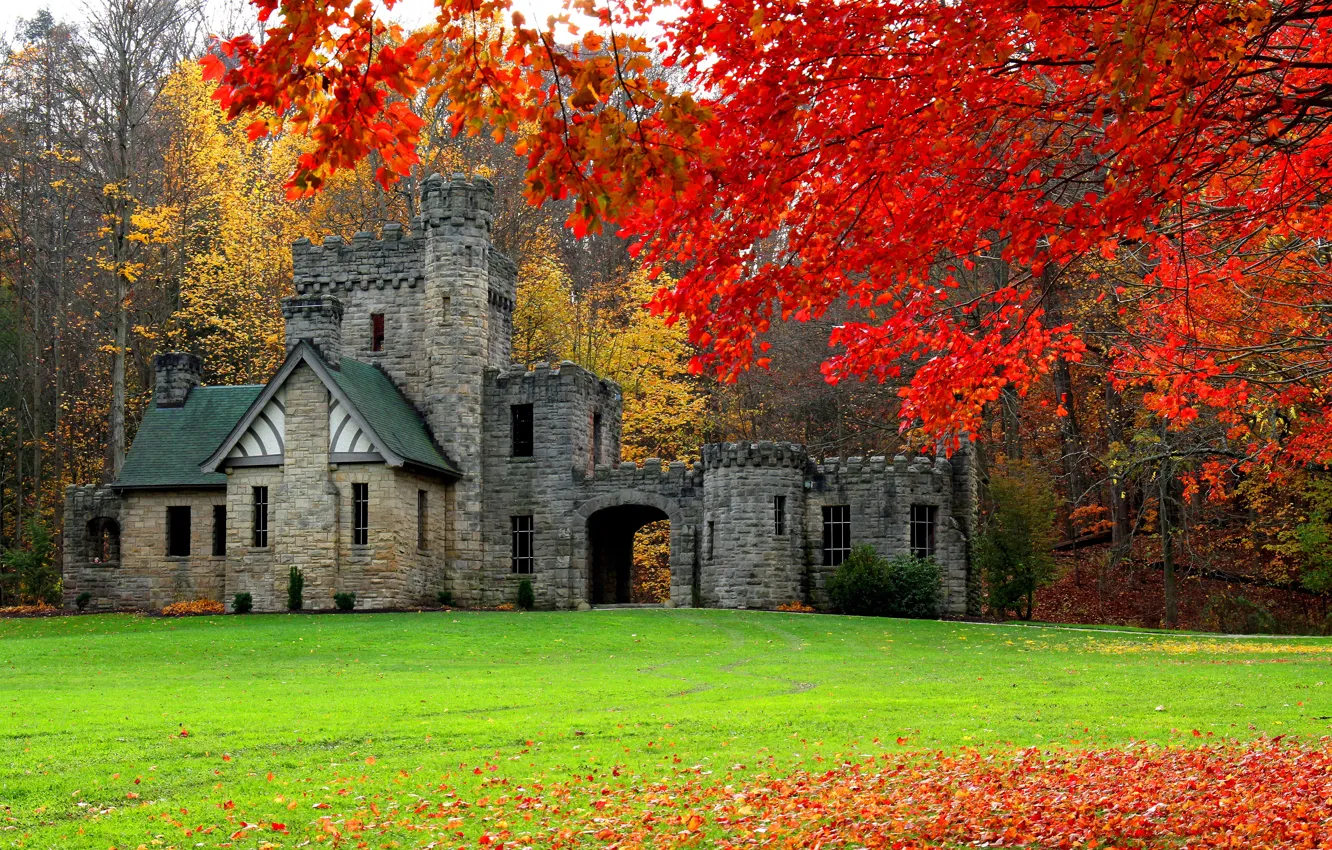 Фото обои осень, лес, замок, США, Cleveland, Squire's Castle