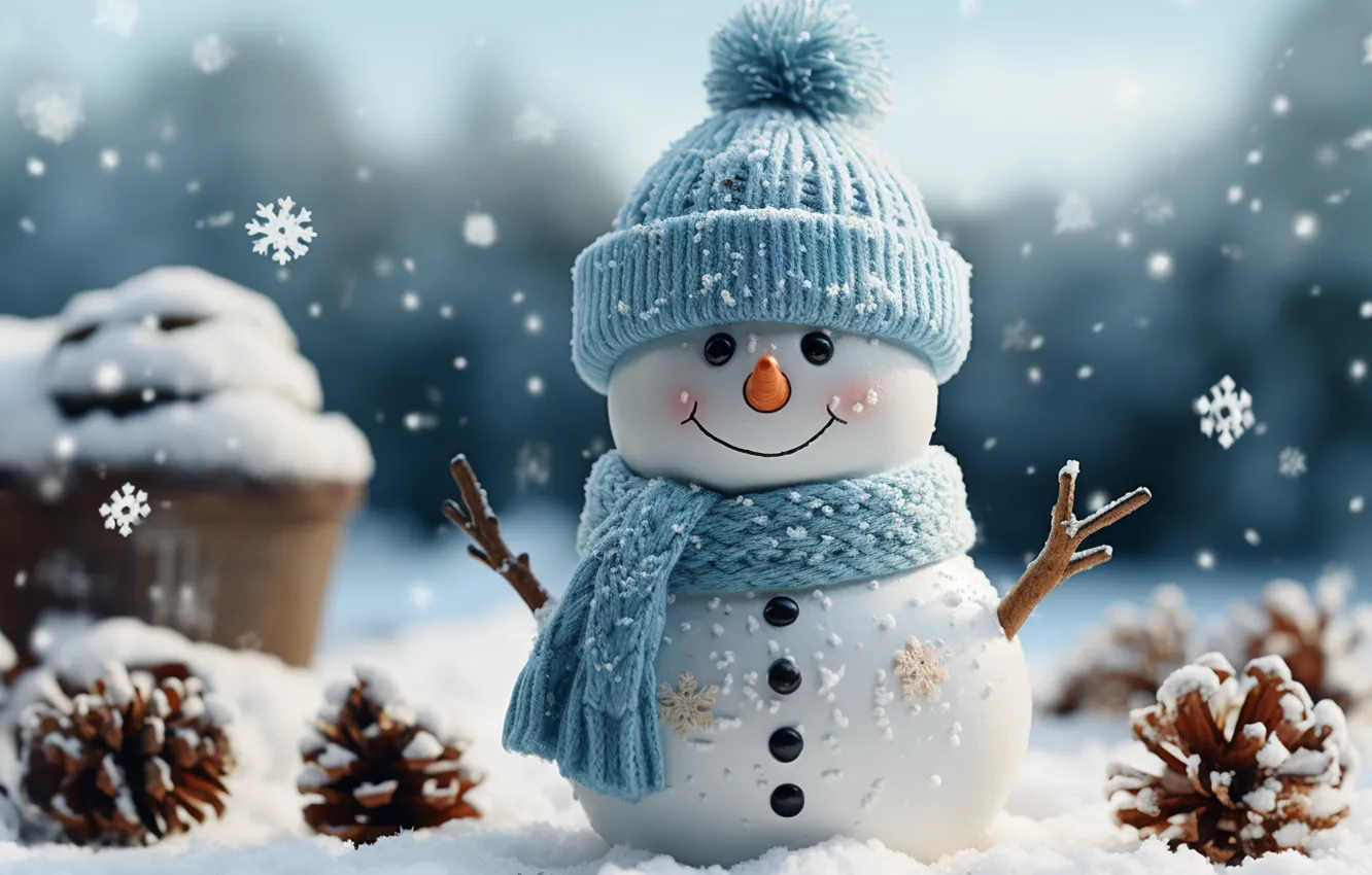 Фото обои зима, снег, Новый Год, Рождество, снеговик, happy, Christmas, winter